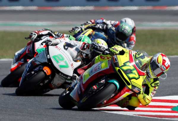 Watch the shocking moment a Grand Prix rider grabs a rival’s brake mid-race