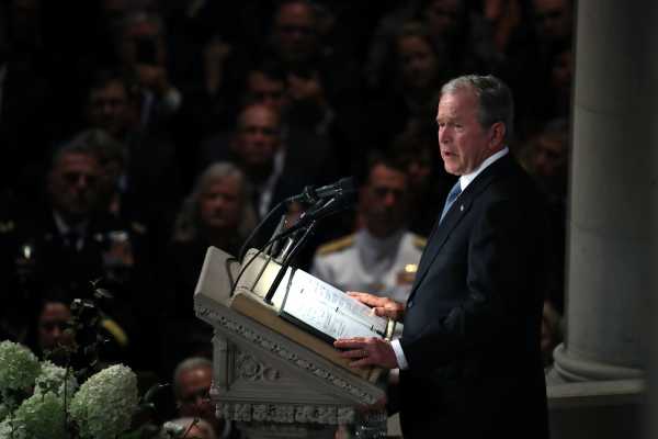 George W. Bush honors McCain as "unwavering, undimmed, unequal"