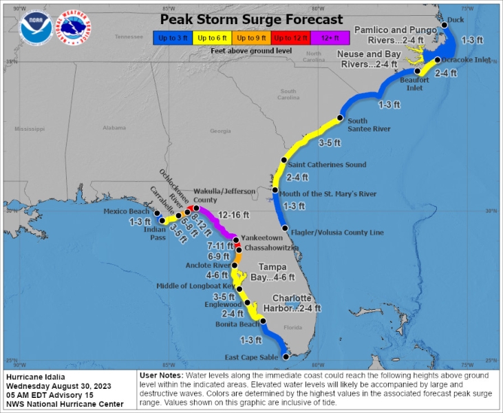Florida storm surge forecast map for August 30, 2023.