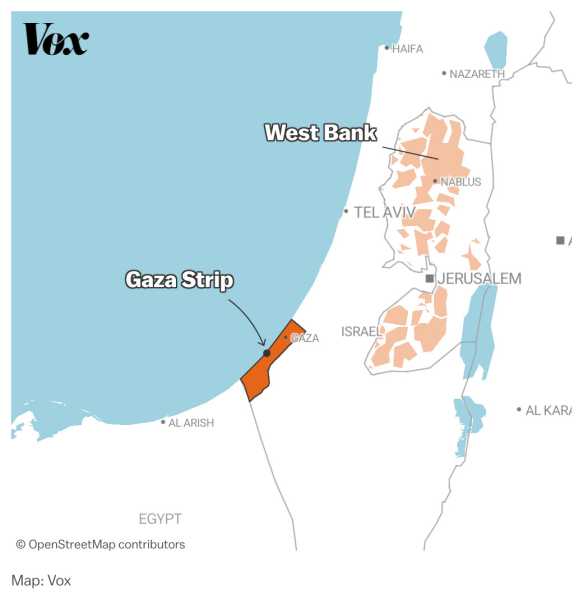 Map showing the Gaza strip, Israel, and the West Bank.