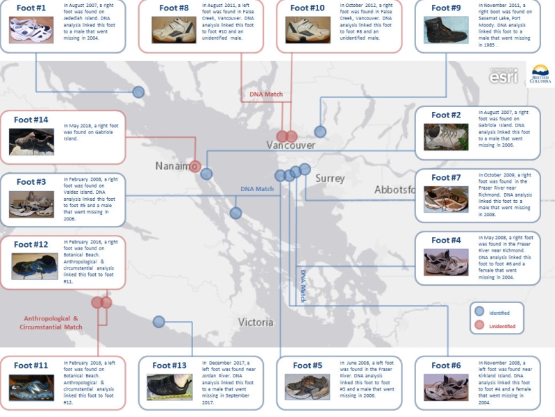 A map of where feet were found in British Columbia, including the most recent foot.