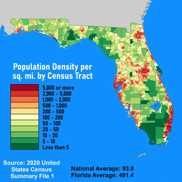 Map of Florida population density by census tract