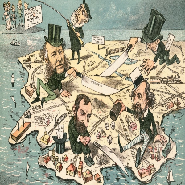 A caricature-style lithograph from 1882 shows Gilded Age tycoons in top hats with knives carving up the North American continent, covered in railroads. Across the ocean, European royalty look on.