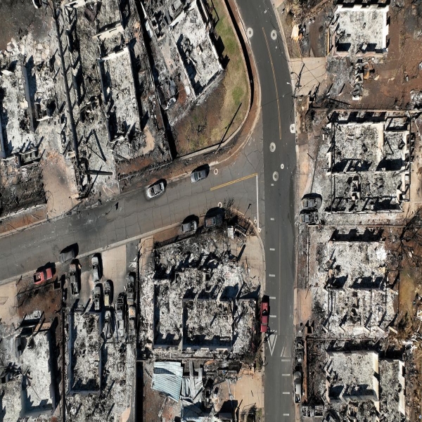 An overhead shot of destroyed buildings.