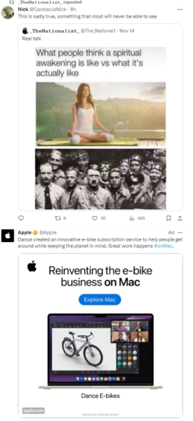 A tweet reading “What people think a spiritual awakening is like vs what it’s actually like.” Below the text is first a photo of a woman doing yoga in a peaceful environment, followed by a photo of Hitler other Nazis. 