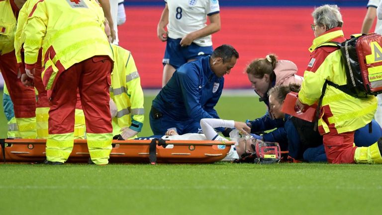 Alex Greenwood: England defender stretchered off after suffering head injury in Nations League contest with Belgium