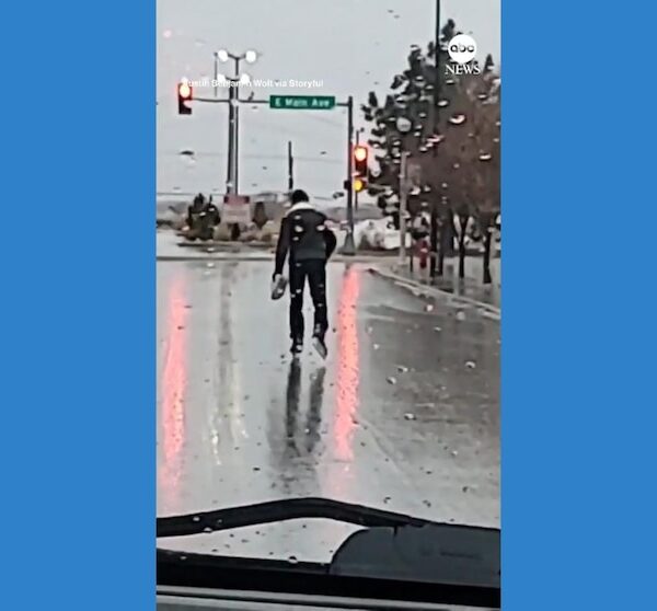Video Man spotted ice skating across town during icy weather