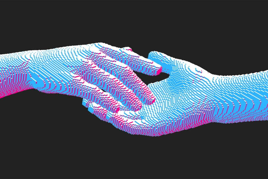 An illustration of two digital hands reaching out to each other.