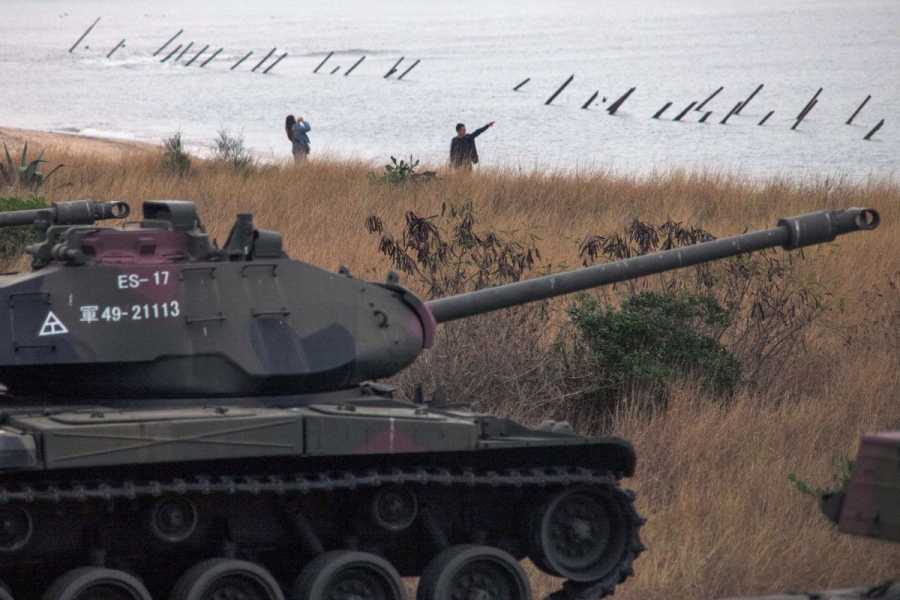 A tank and antilanding spikes on a beach in Taiwan.