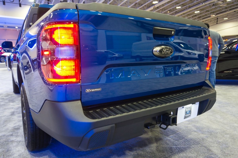 The tailgate of a Ford Maverick hybrid pickup truck at the Washington Auto Show in 2024.