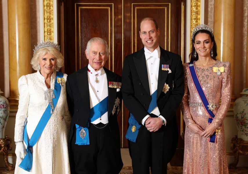 King Charles III, Queen Camilla, Prince William, and Princess Catherine stand for a formal picture.