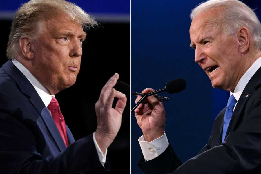 A side by side of Trump (left) and Biden (right) speaking passionately into microphones with raised hands. 