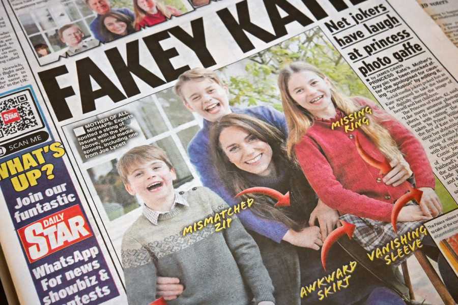 A picture of the front page of The Star tabloid with the headline “Fakey Katie” and the photo of Kate Middleton and her children with arrows pointing to the Photoshopped bits.