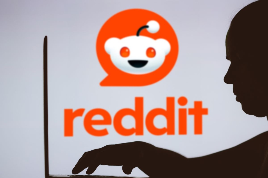 In this photo illustration, the Reddit logo is seen in behind a silhouette of a person typing.