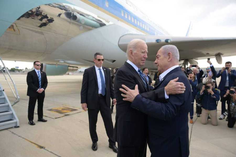Biden and Netanyahu hug on the tarmac in front of Air Force One.