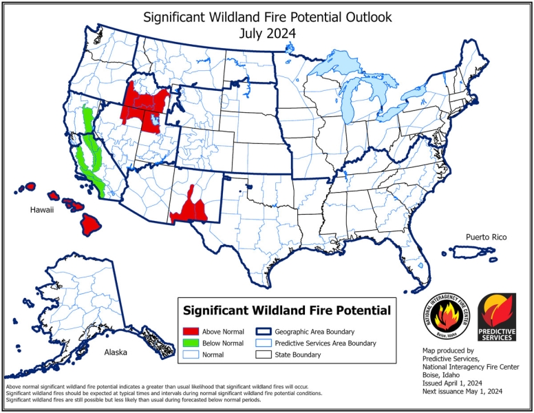A map of the United States projecting wildfire potential in July 2024 highlights parts of New Mexico, Nevada, Utah, Idaho, and Hawaii as above normal for wildfire potential and parts of California as below normal for wildfire potential.