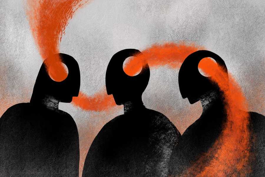 Illustration of three silhouettes, each with a hole in its head. A red ribbon runs through all three holes.