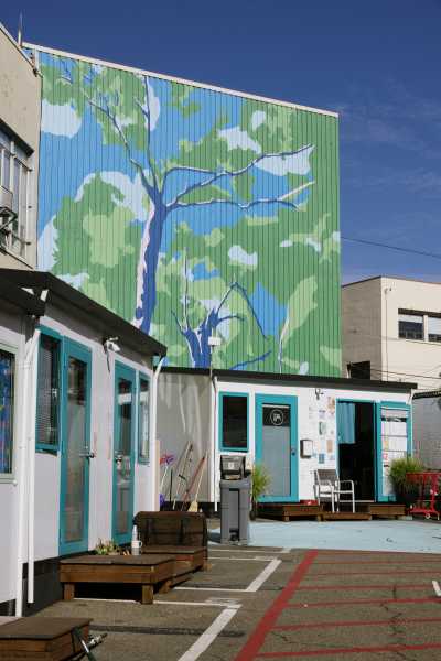 A tiny home complex. Above one unit is a large mural of trees.