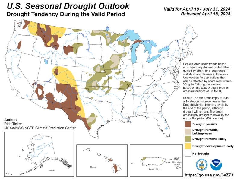 A map of the United States shows areas where drought is likely to develop, persist, or improve. 