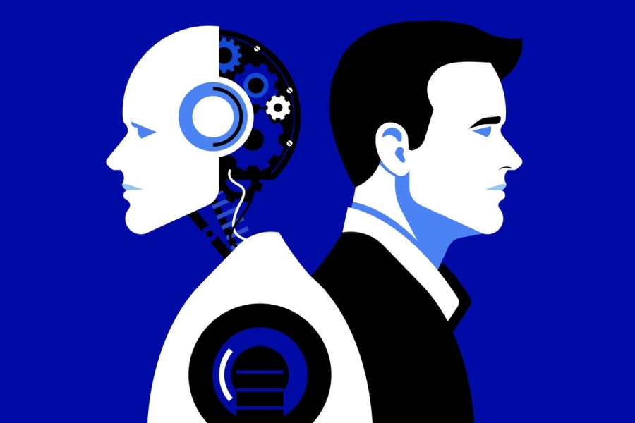 Illustration of a robot and human in side profile, facing away from each other.