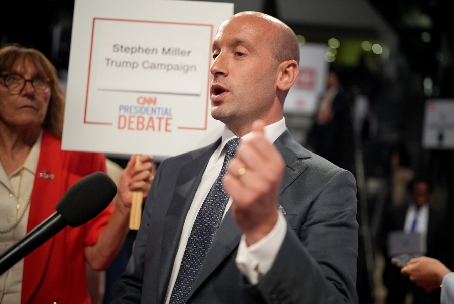 Stephen Miller speaks to reporters following the debate between Joe Biden and Donald Trump on June 27, 2024.