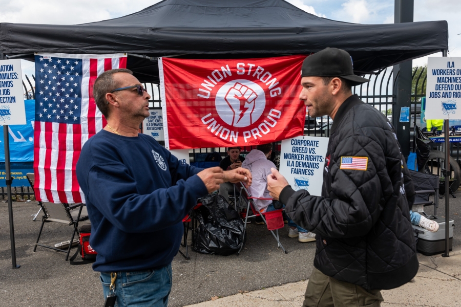 Embattled New York City Mayor Eric Adams Stands With Local Striking Dockworkers In Red Hook, Brooklyn