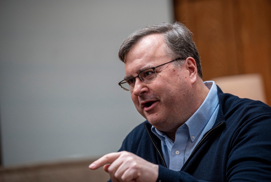 Reid Hoffman, co-founder of LinkedIn, during an interview on "The Circuit with Emily Chang" in San Francisco, California, on February 27, 2023.