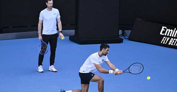 Novak Djokovic and coach Andy Murray train in public for first time in Melbourne