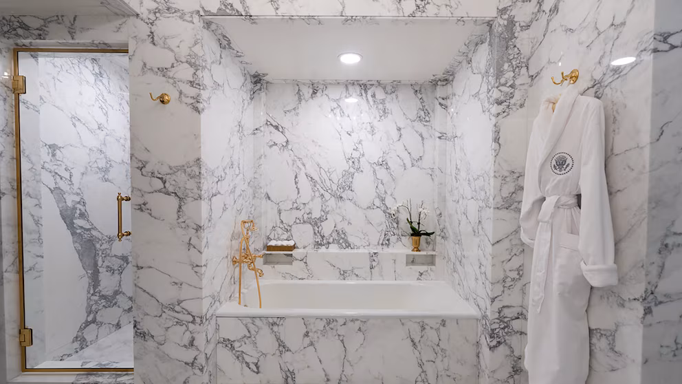 Trump Unveils Marble-Clad Lincoln Restroom Redo at White House