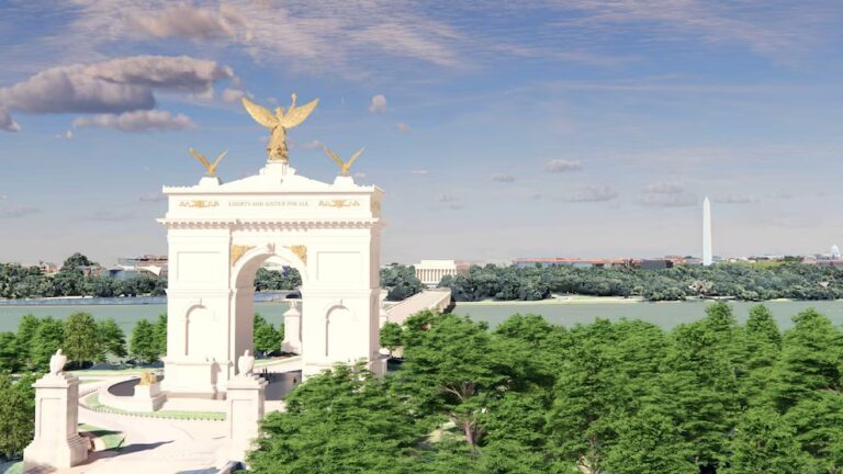 Fresh designs unveiled for Trump's envisioned "victory gate". 17