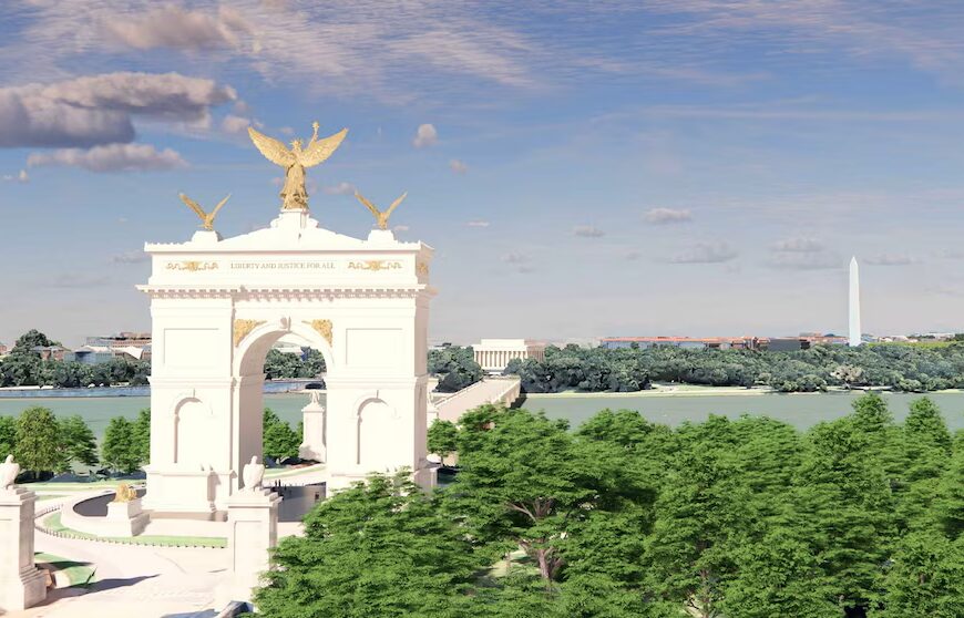 Fresh designs unveiled for Trump’s envisioned “victory gate”.